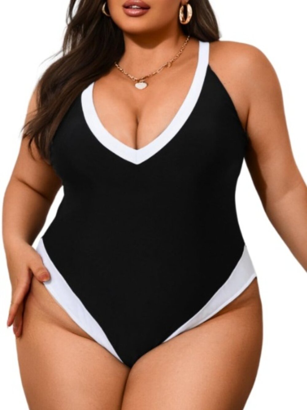 Plus Size Color Block Swimsuit, Plunge V Neck High Cut, Sexy Backless Cheeky